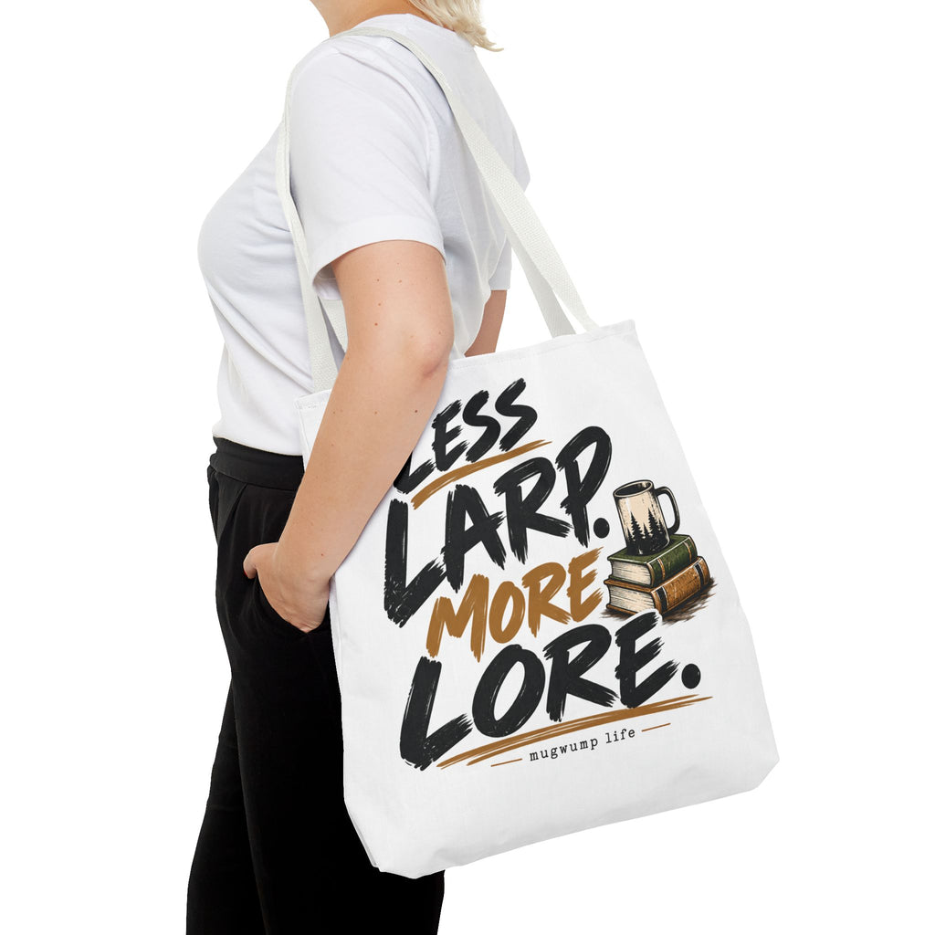 Less Larp More Lore Tote Bag — RPG Gamer Book & Coffee Canvas Tote