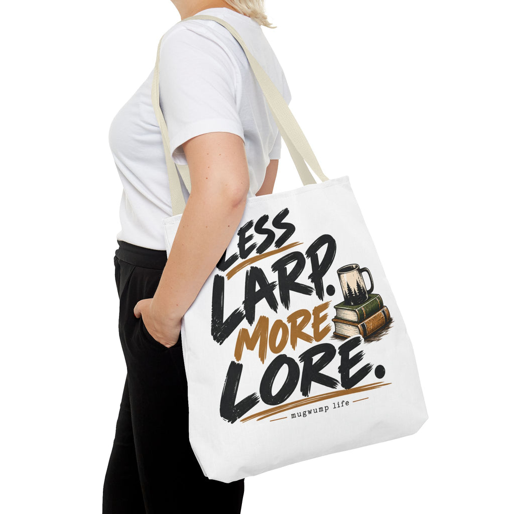 Less Larp More Lore Tote Bag — RPG Gamer Book & Coffee Canvas Tote