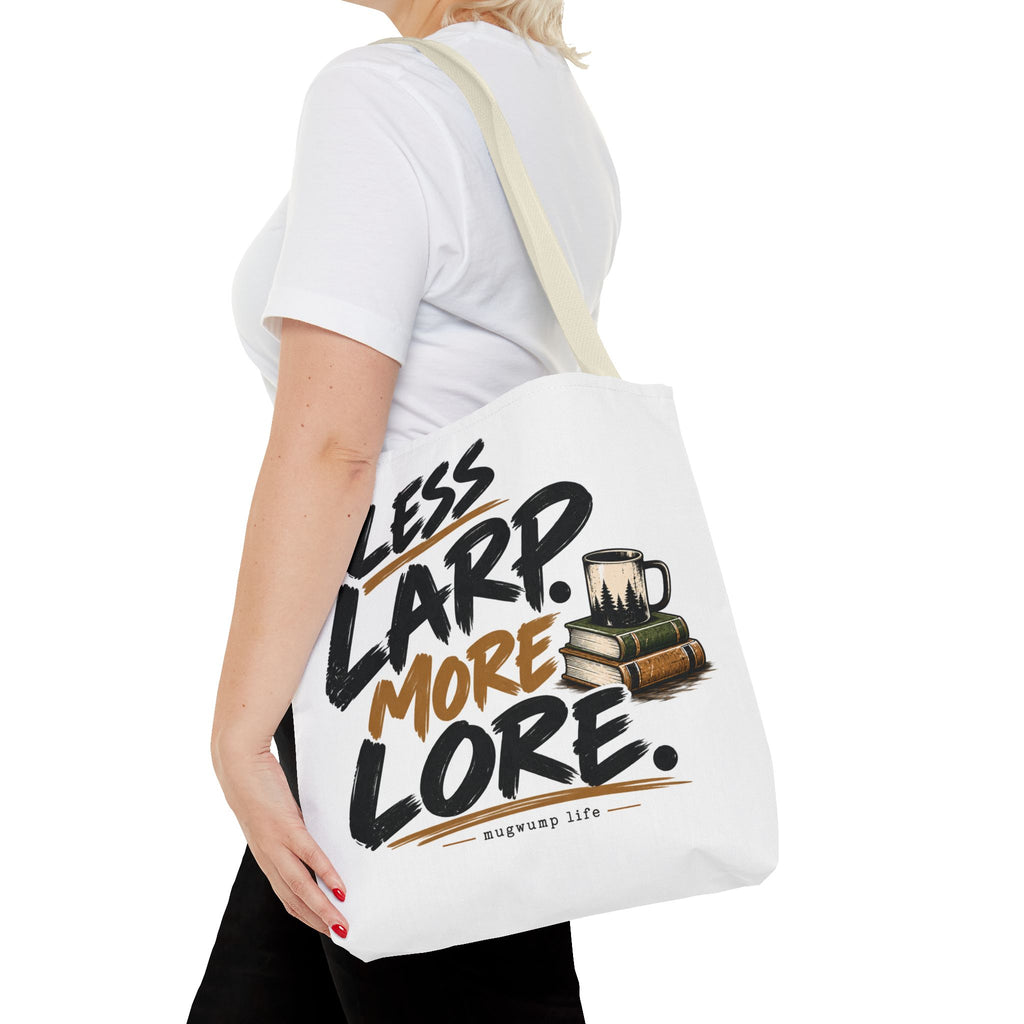Less Larp More Lore Tote Bag — RPG Gamer Book & Coffee Canvas Tote