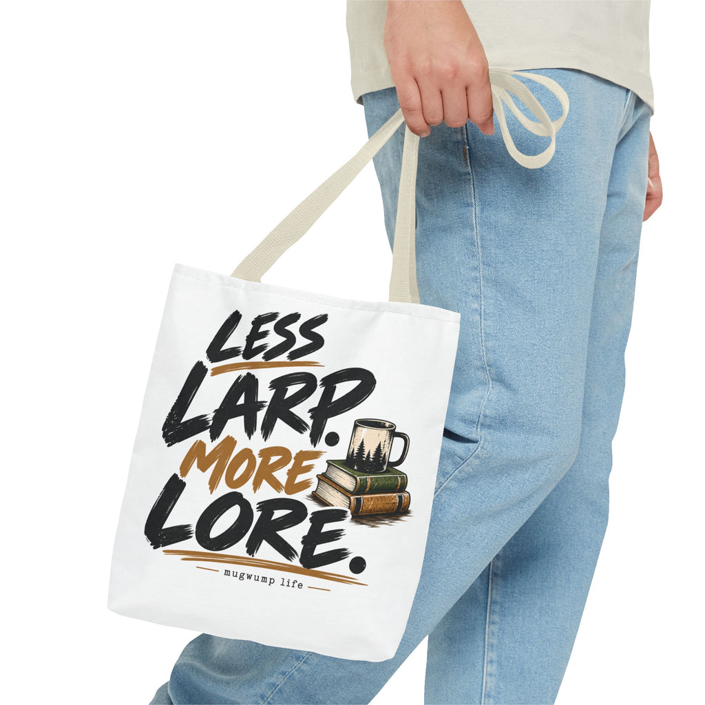 Less Larp More Lore Tote Bag — RPG Gamer Book & Coffee Canvas Tote